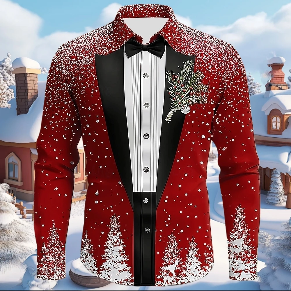 

2026 Christmas Men's Shirt Snowflake Formal 3D Print Tie Design Elegant Tuxedo Holiday Party Long Sleeve Autumn Men's Clothing
