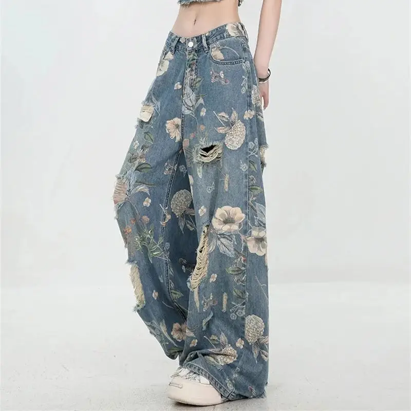 Bedrukte gescheurde jeans Amerikaans 2025, zomer, nieuw retro-design, nis, losse wijde pijpen, vloerlengte, rechte pijpen, broek voor woon-werkverkeer WF