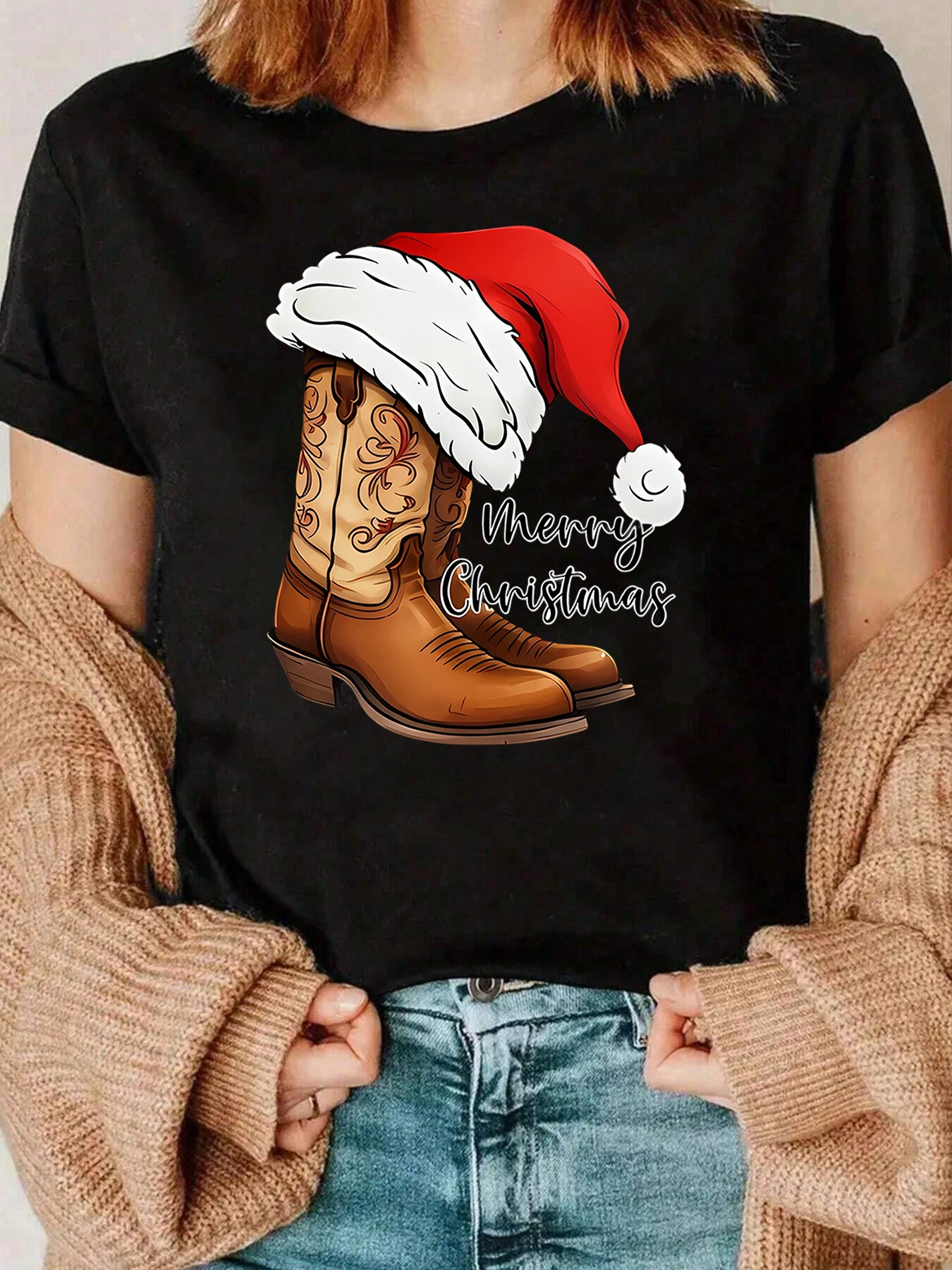 

Cowboy Boots With Santa Hat Merry Christmas Printed T Shirt Holiday Casual Wear Women 220g
