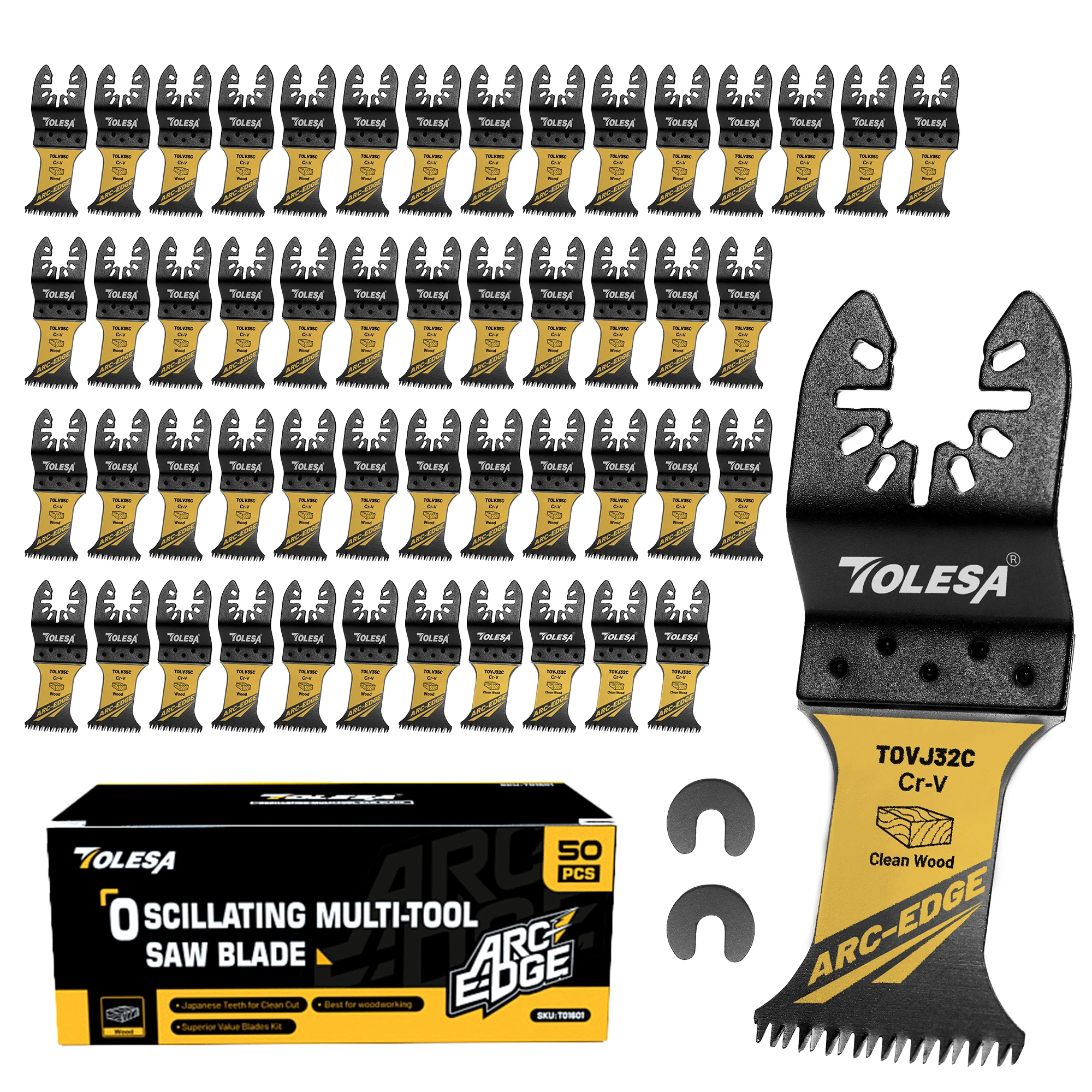 

TOLESA 50Pcs Arc Edge Oscillating Saw Blades Set Japanese Tooth Oscillating Multitool Blades for Wood Plastic Clean Cutting