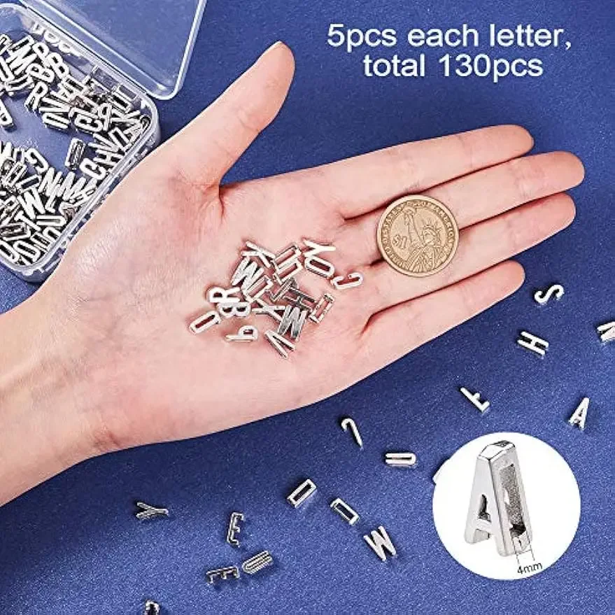 130pcs Alphabet A-Z Slide Charms lettere in lega tibetana Slide Beads Charms per fai da te braccialetto piatto braccialetti creazione di gioielli