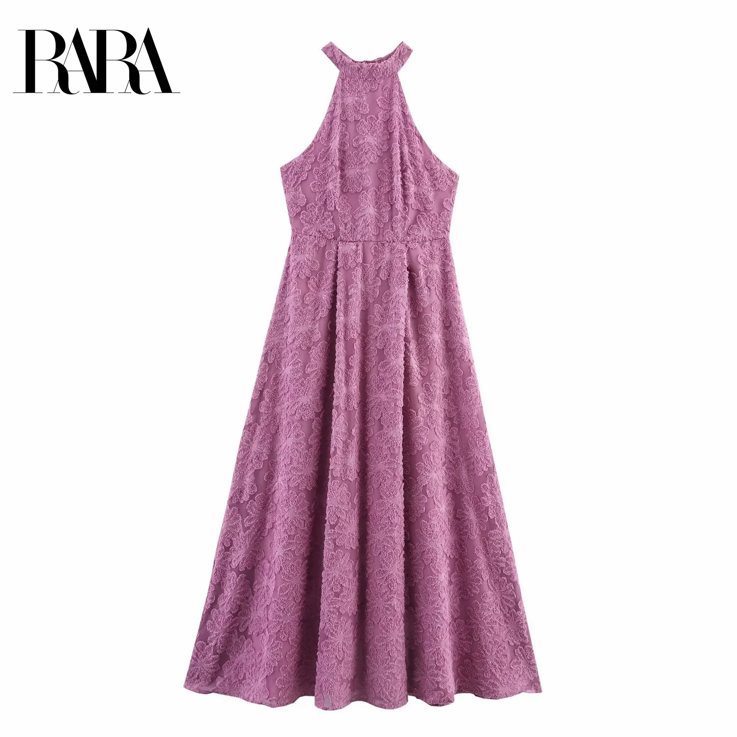 

RARA Womens Sleeveless Off Shoulder Halter Neck Textured Dress with Floral Embroidery Decoration Mid Length with Loose Skirt