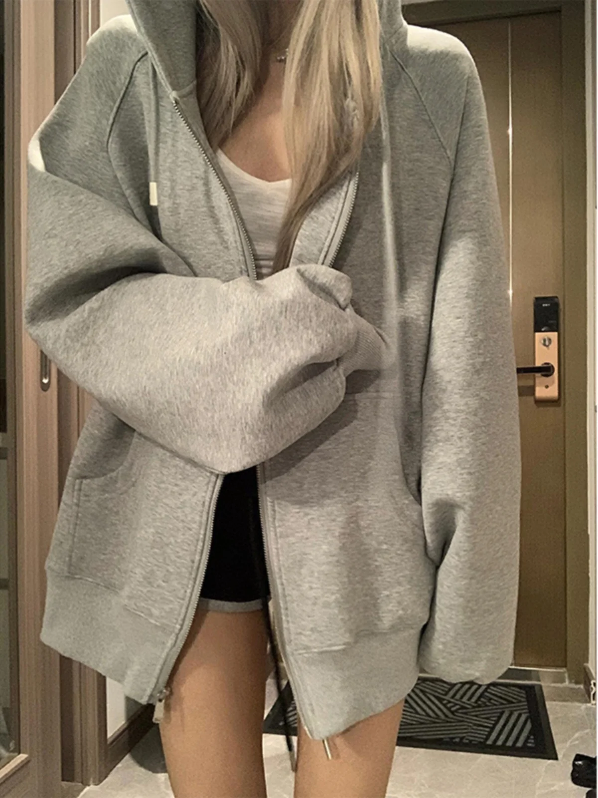 

Light ey Hooded Open Cardigan Men's Spring Autumn American Oversize Lazy Sle Couple's Jaet Loose Fit Casual Polyester F...