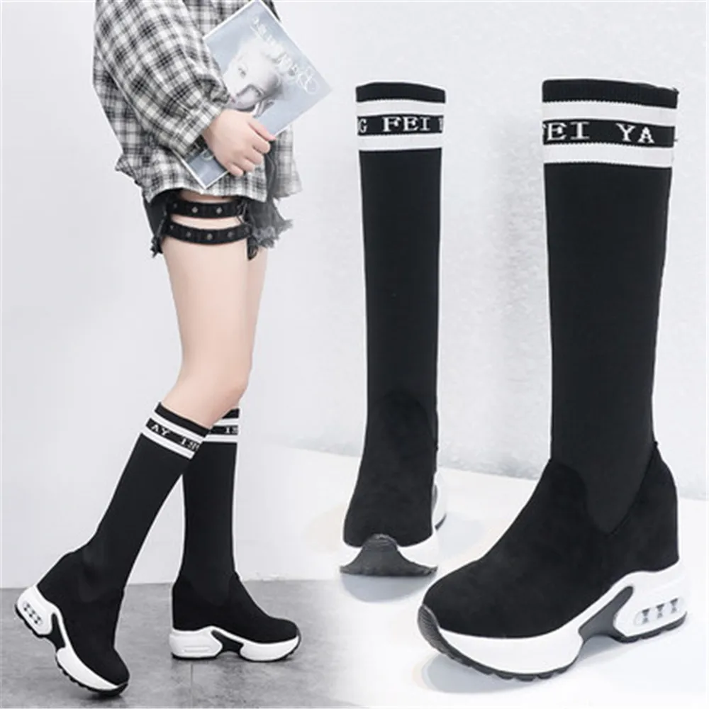 Winter Warm Chunky Platform Long Boots Women Fashion Lace Up Flock Knee High Boots Woman Height Increasing Elastic Shoes Black