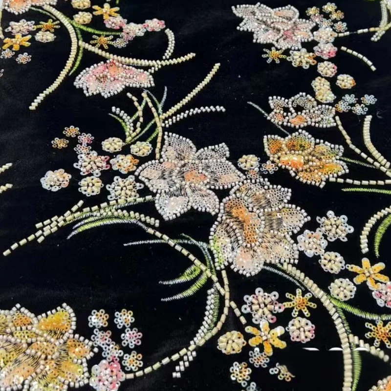 

African Velvet Lace Fabric Black Smooth Silk Floral Embroidered Lace Fabric Sequins Beaded Applique For Wedding Dresses Sewing