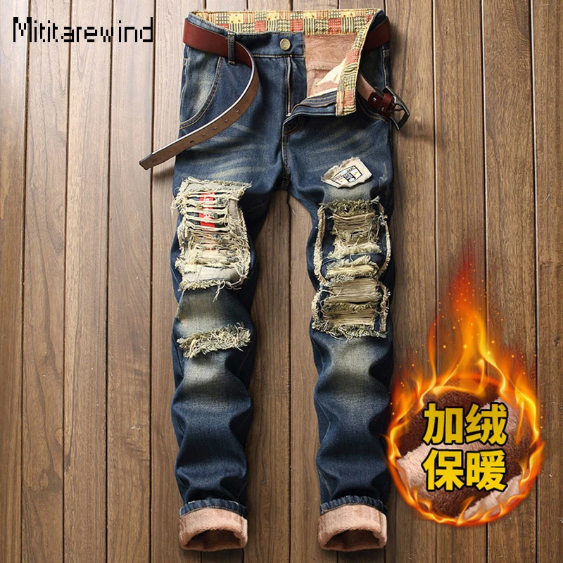 

Winter Men Pants High Street Casual Ripped Jeans Mid Waist Thicken Fleece Full Length Trousers Fashion Y2k Streetwear Warm Jeans