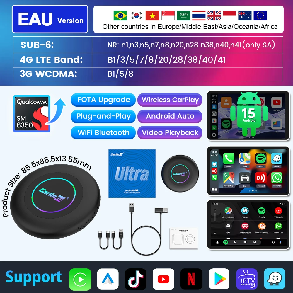 CarlinKit 3 In 1 Android 15 CarPlay Ai Box Draadloze Adapter Android Auto Qualcomm SM6350 128GB 8-Core voor Youtube Netflix FOTA