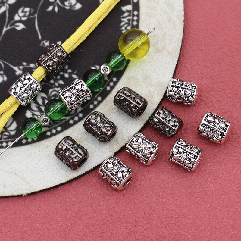 20pcs/lot Retro Four-sides Butterfly Metal Tube Beads 9x7mm Big Hole Bracelets Pendants Beads Spacers DIY Jewelry Findings
