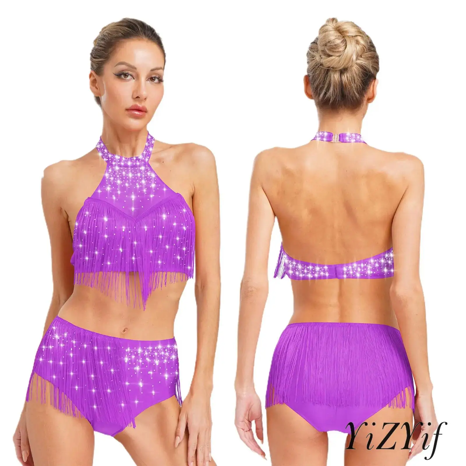 

Womens Belly Dance Outfits Crop Tops and Tassel Underwear Shorts Sleeveless Mesh Shimmery Rhinestone Samba Dance Competitions