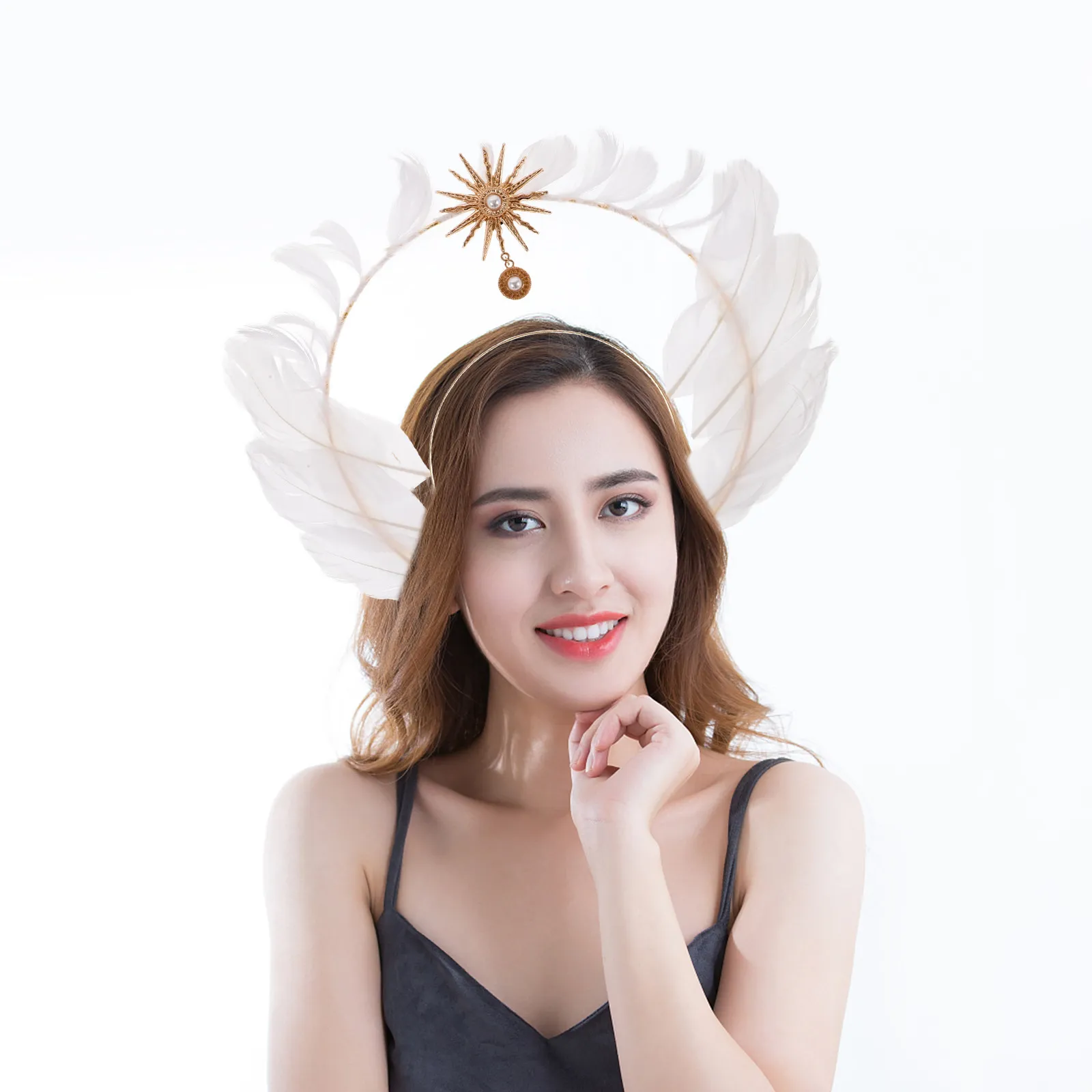 

Halloween Essential Goddess Headpiece Design Golden Tiara Crown for Women Lolita Cosplay Costume Religious Theme Wear