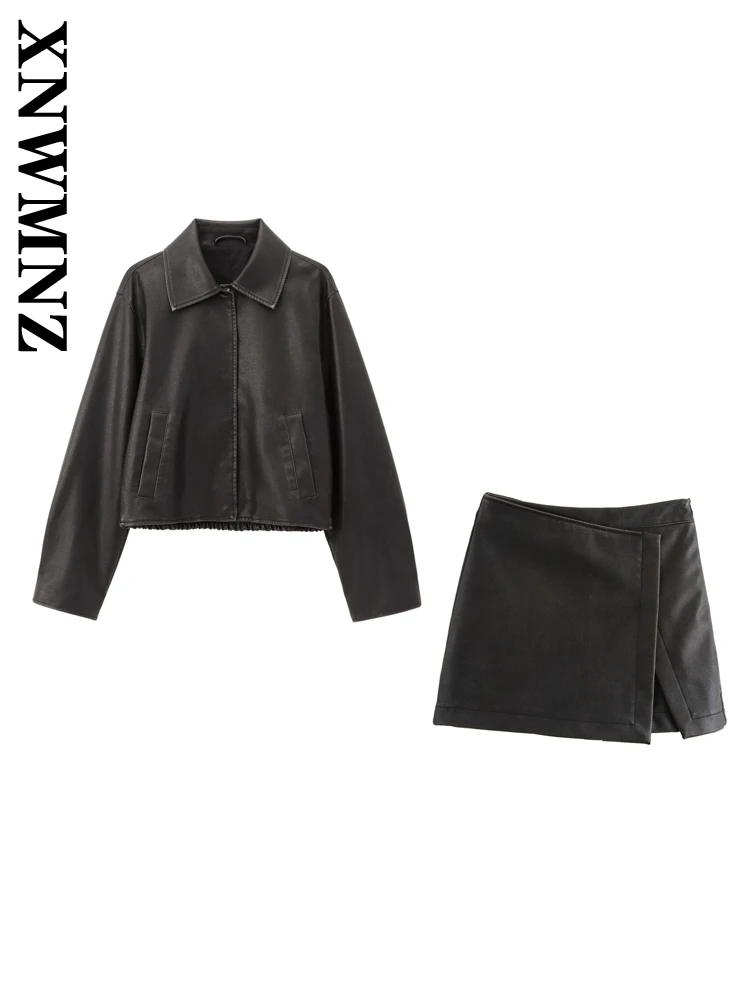 XNWMNZ Autumn Woman's Party Turn-down Collar Imitation Leather Shorts Jacket Trendy Female Coat Long Sleeve Two-piece Bottoms