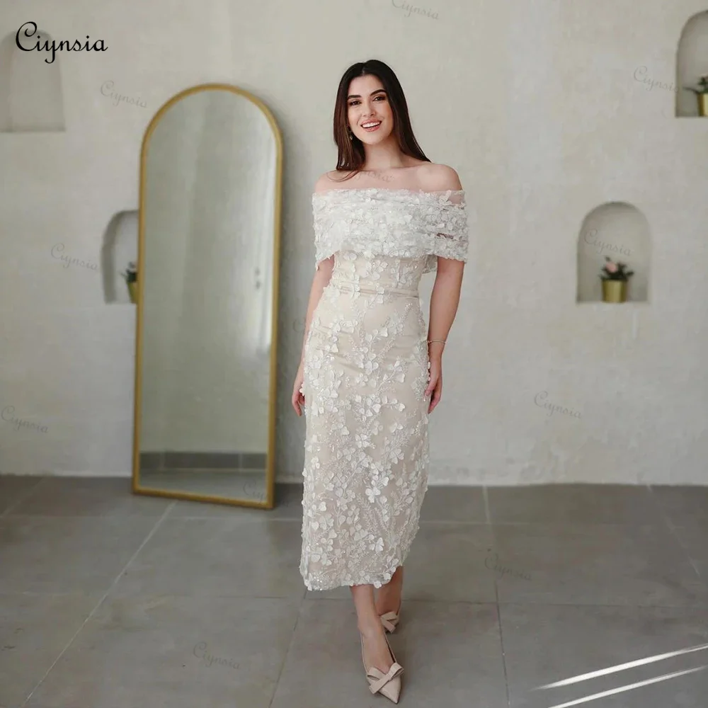 Ciynsia Ivory Off Shoulder Evening Dresses for Women Luxury Lace Beaded Tea Length Formal Party Gowns Sheath Vestidos De Gala