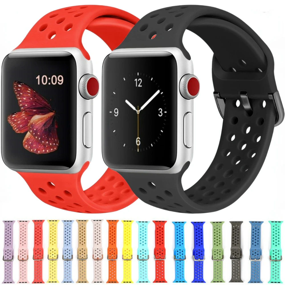 Дышащий силиконовый ремешок для Apple Watch Band 46 мм, 45 мм, 44 мм, 42 мм, 49 мм, 41 мм, 40 мм, спортивный браслет iWatch 10 Ultra 9 8 7 6 SE Belt