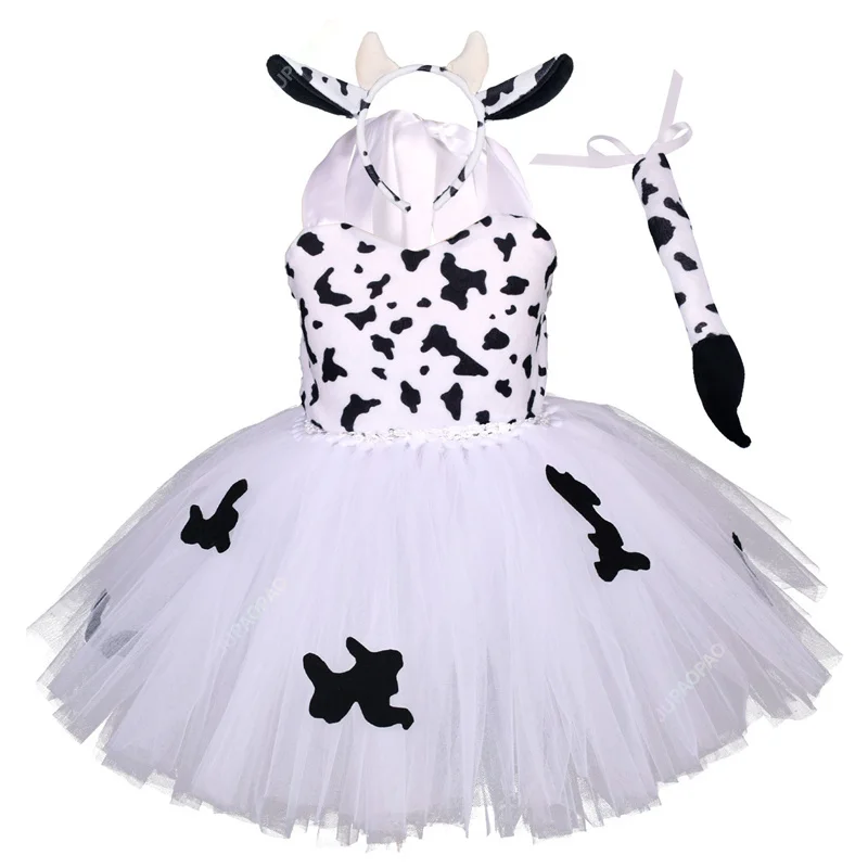 Halloween Animal Cosplay Costume Kids Forest Theme Giraffe Cows Tiger Leopard Zebra Print Tutu Dress Baby Girls Birthday Party