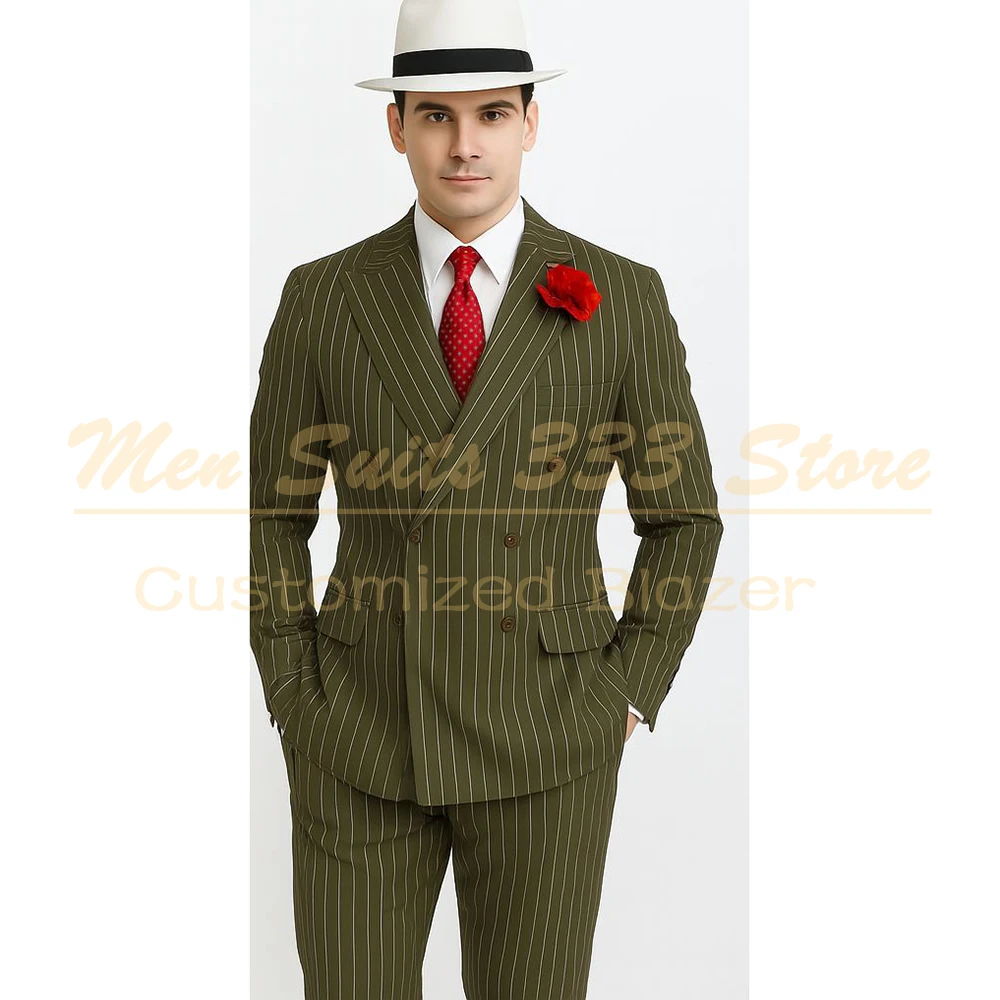 

Двубортные мужские костюмы, модные полосатые пиковые лацканы, умный повседневный комплект из двух предметов, куртка, брюки, наряды, мужская одежда высокого качества