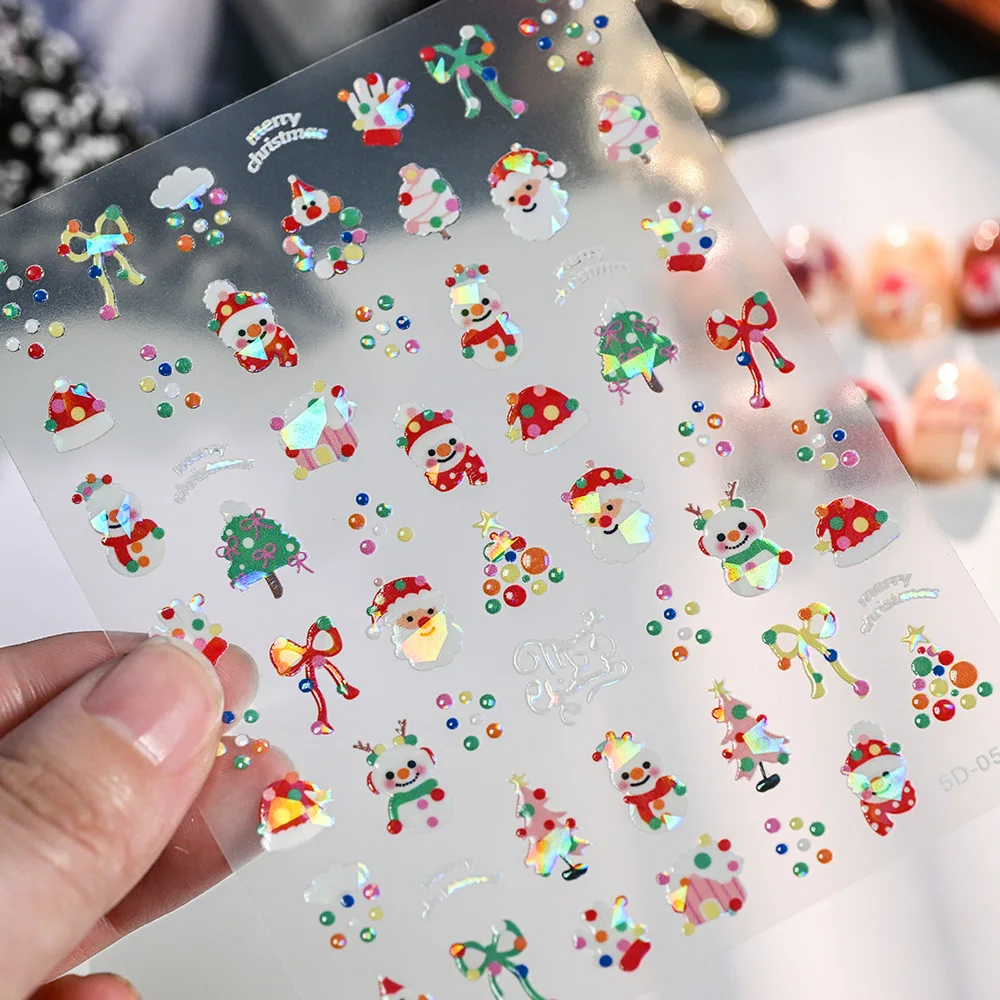 2Pcs 5D Shell Light Christmas Nail Sticker Cartoon Santa Claus Snowman Xmas Tree Bear Adhesive Decals Winter Manicure Sliders