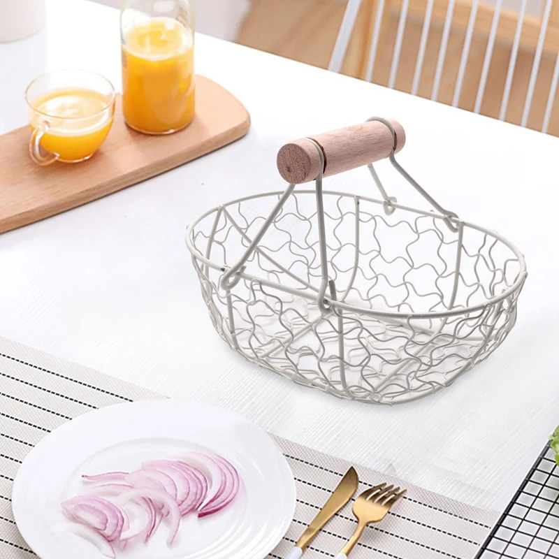 Wooden Handle Metal Retro Basket Portable Multi-Function Vegetable Fruit Egg Groceries Practical Storage Basket Organizer