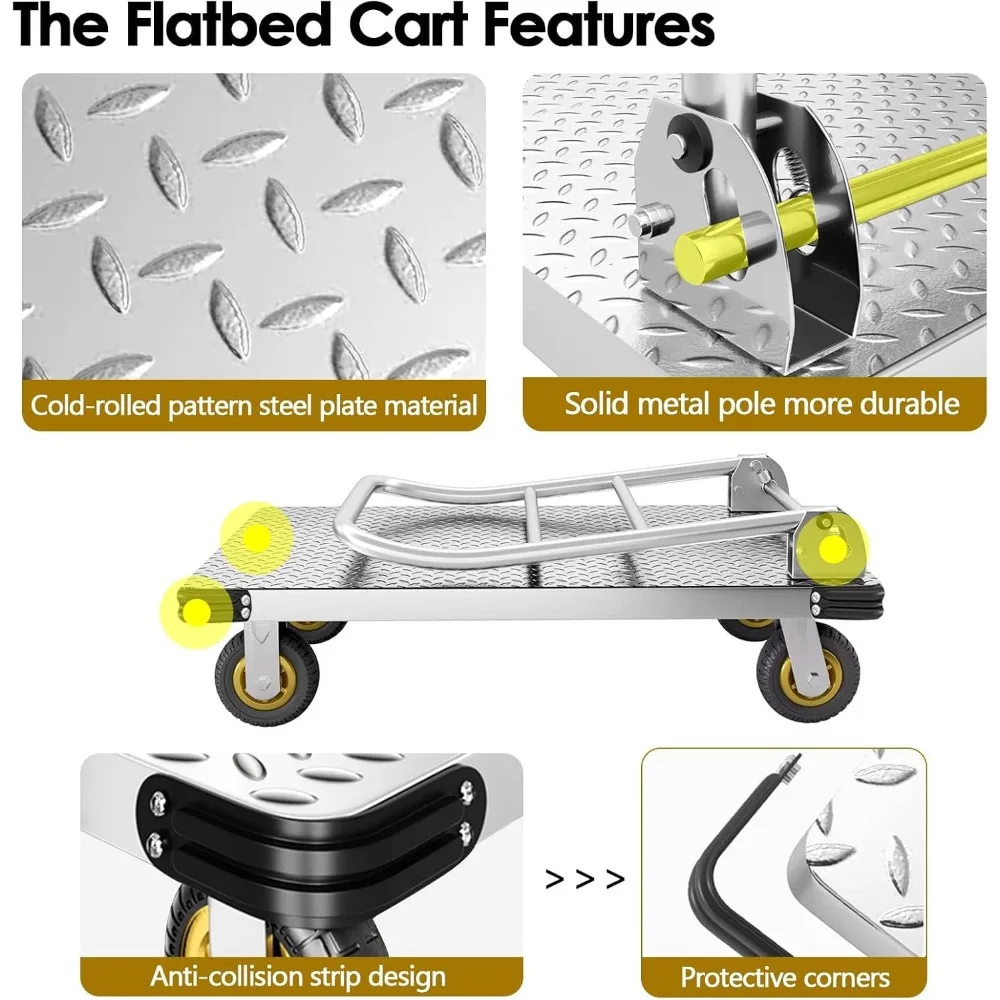 عربة دفع شديدة التحمل مع سعة 2000 رطل، عربة مسطحة متحركة قابلة للطي مع عجلات دوارة مقاس 6 بوصات من الفولاذ الكبير