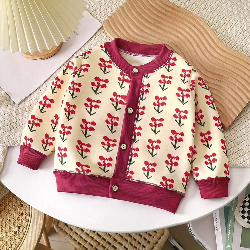 Baby Boys Girls Thicken Knitted Cardigan New 2024 Autumn Winter Kids Cartoon Plaid Warm Knitwear Sweater Coat Casual Clothing