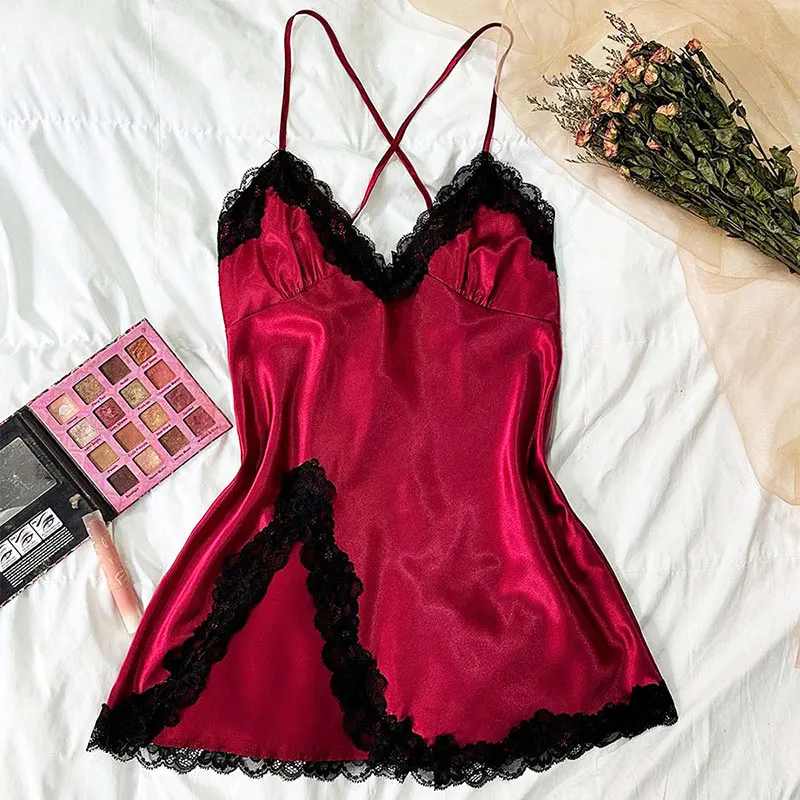 Ice Silk Thin Style Halter Nightdress Women\'s Lace  Homewear Sexy Pajamas Solid Lenceria Mujer Silk Satin Suspender Dresses