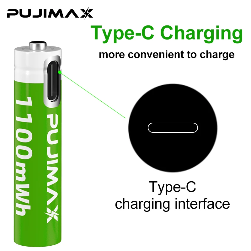 PUJIMAX AAA 1.5V 1100mwh USB Type C Rechargeable LI-ion Lithium Battery for Remote Control Mouse Electric Toy Camera Microphone