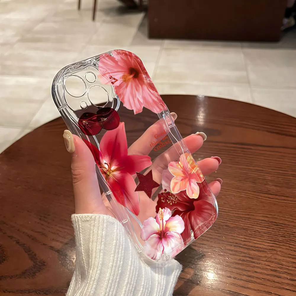 Flower Hibiscus Clear TPU Wavy Edge Phone Case For iPhone 17 16 15 14 13 12 11 Pro Max Plus Shockproof Silicone Bumper INS Cover