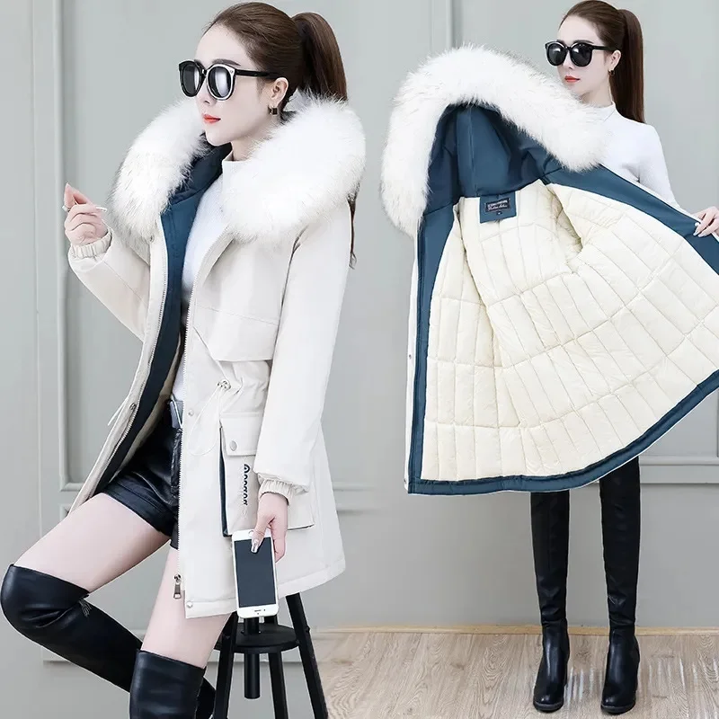 2024 New Fashion White black Winter Jacket Women Big Fur Hooded Thick Down Parkas Female Jacket Long Coat Slim Warm Winter Outwe