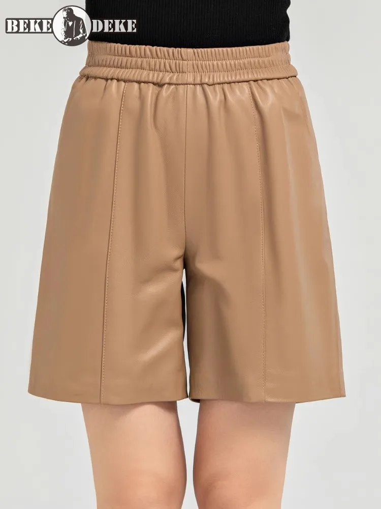 Women Genuine Leather Wide Leg Bermuda Shorts High Waist Elastic Real Sheepskin Spring Trousers Loose Fit Casual Hot Sale 4XL