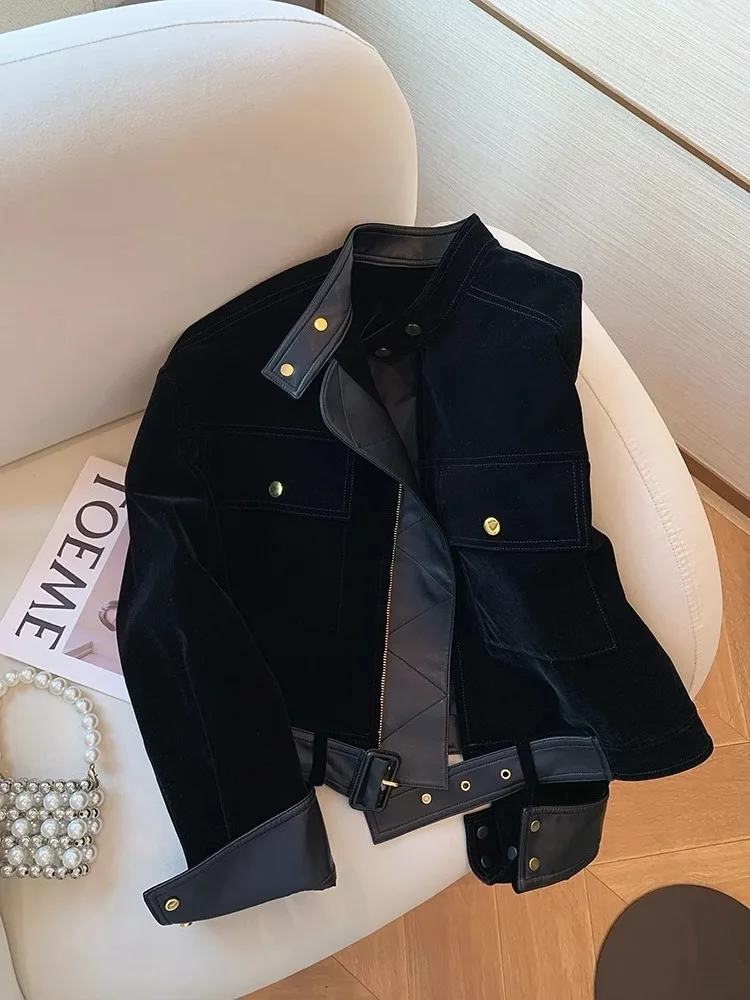 American Retro Black Stand Up Collar Velvet Short Jacket Women's Spring Autumn Zipper Jacket Motorcycle Suit Spicy Girl Style