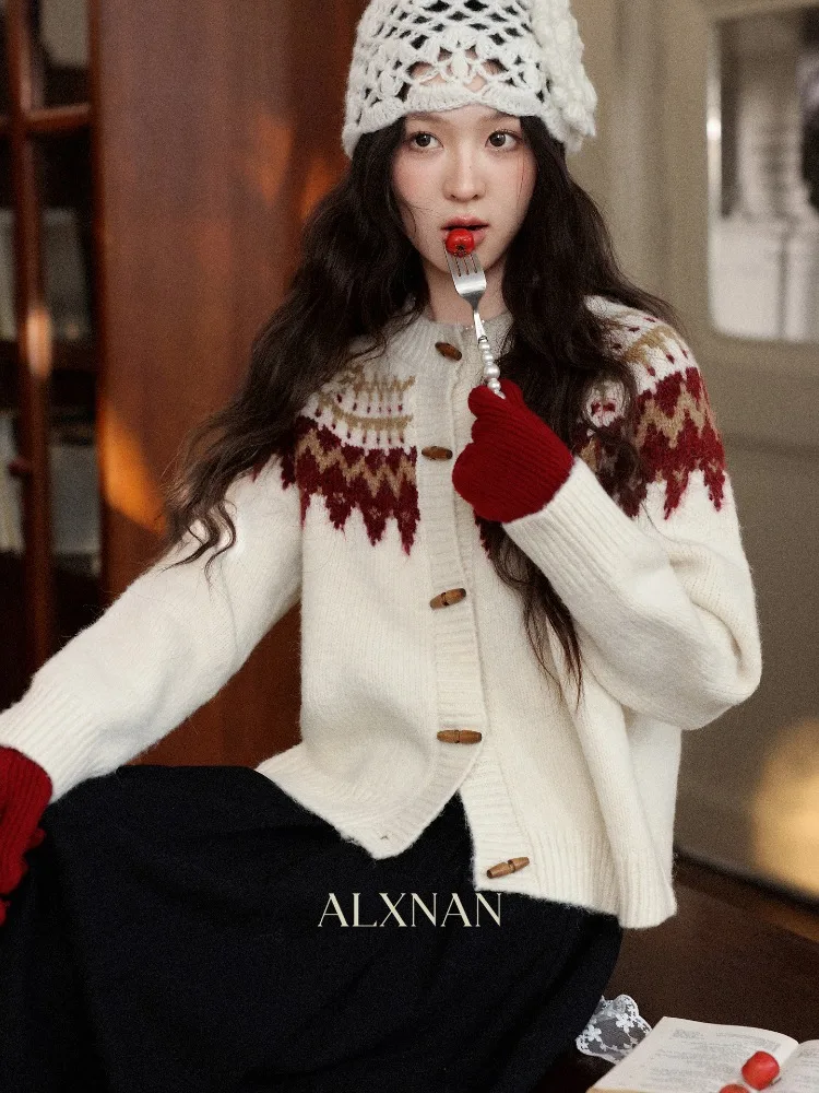 ALXNAN レディース カーディガン 秋冬 2025 ヴィンテージ フェアアイル ツイストニット カーディガン 暖かい カジュアル ルーズフィット 長袖 トップス L59228