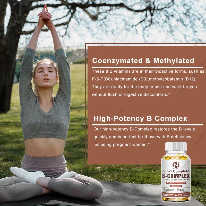 8-in-1 B Complex Capsules - Super Complex Vitamin B12, B1, B2, B3, B5, B6, Biotin, Folate - Energy, Nerve, Mood, Blood Support