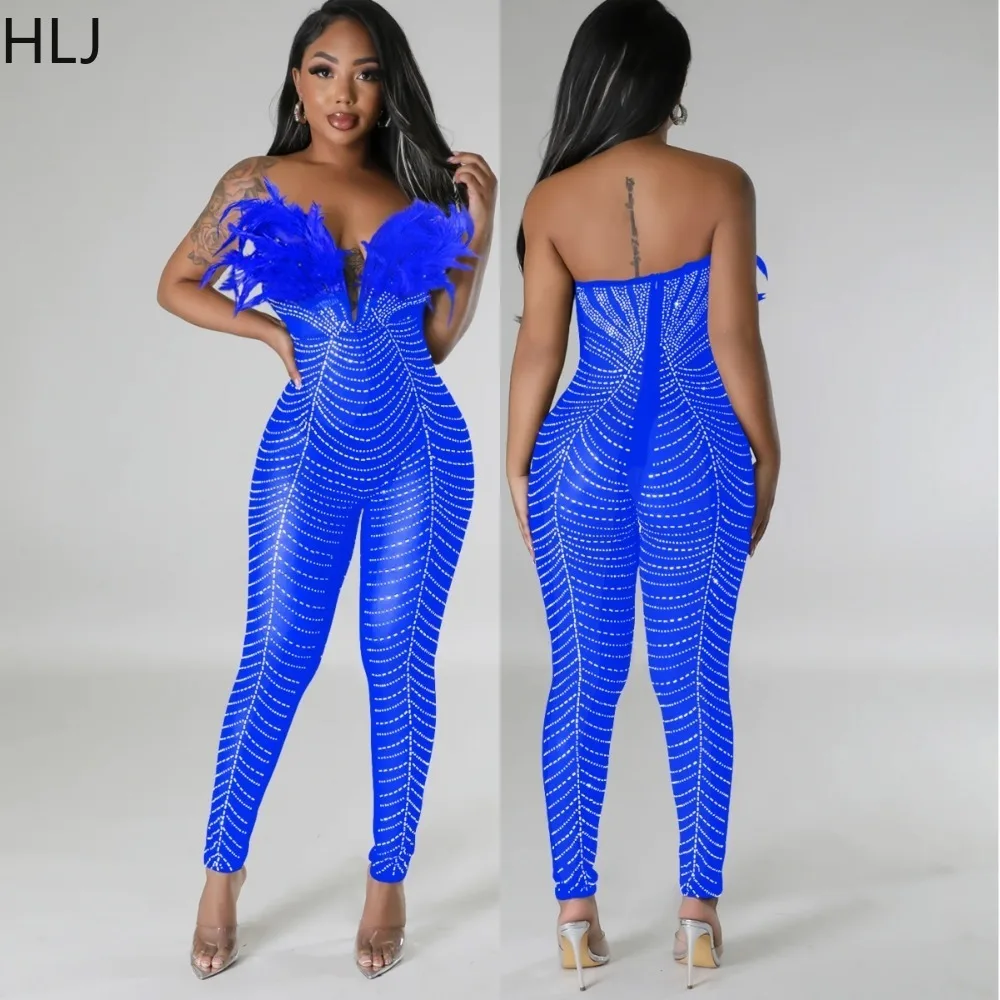 

HLJ Sexy Feather Luxury Rhinestone Bodycon Jumpsuits Women Mesh Sleeveless Slim Party Nightclub Rompers Female One Piece Overall