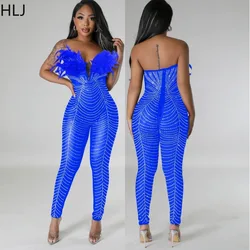 HLJ Sexy Feather Luxury Rhinestone Bodycon Jumpsuits Women Mesh Sleeveless Slim Party Nightclub Rompers Female One Piece Overall