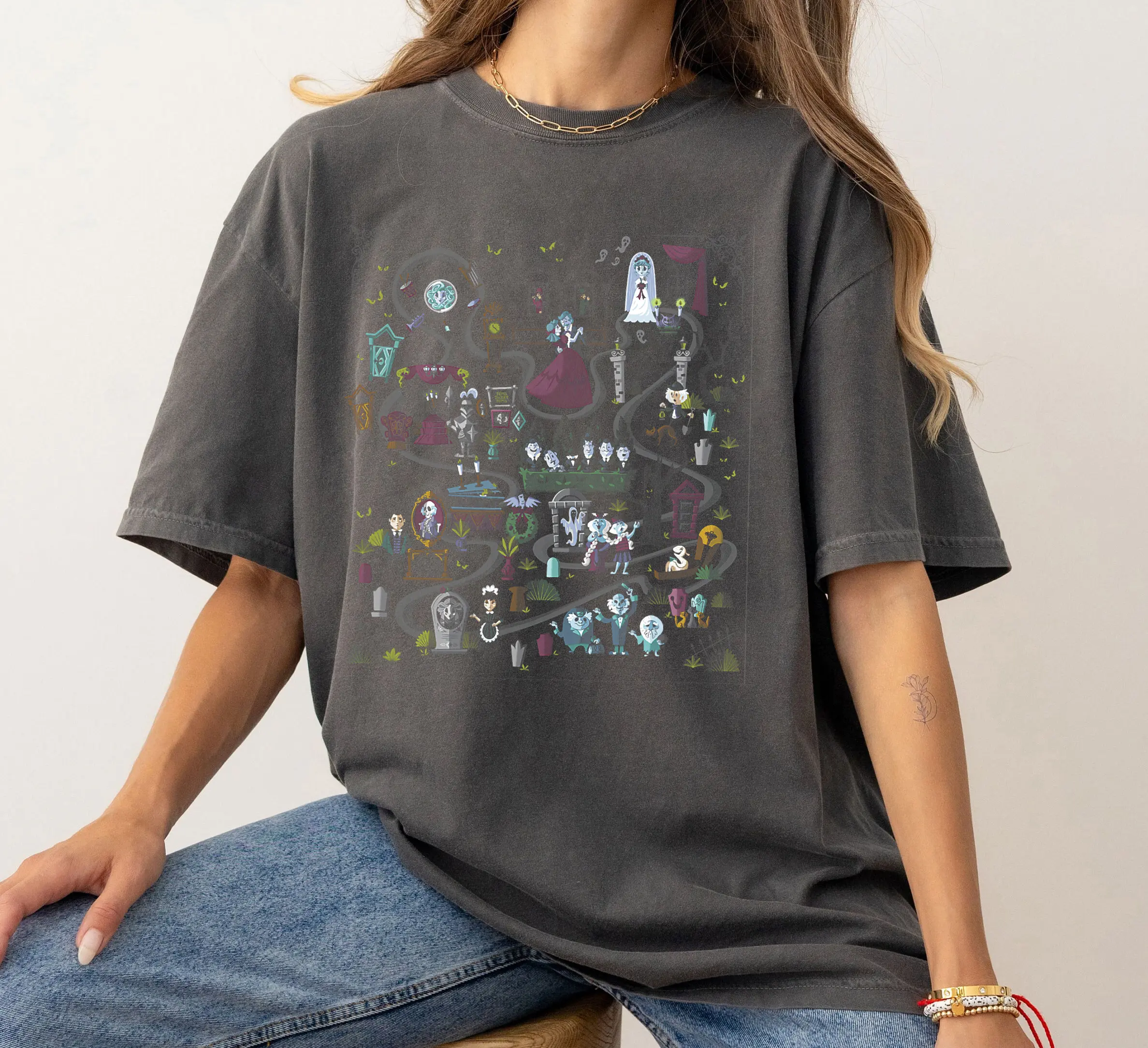 Haunted Mansion Ride Animated Map Overview T-Shirt, Disneyland Halloween Party T-Shirt, Disney Halloween Movie T-Shirt
