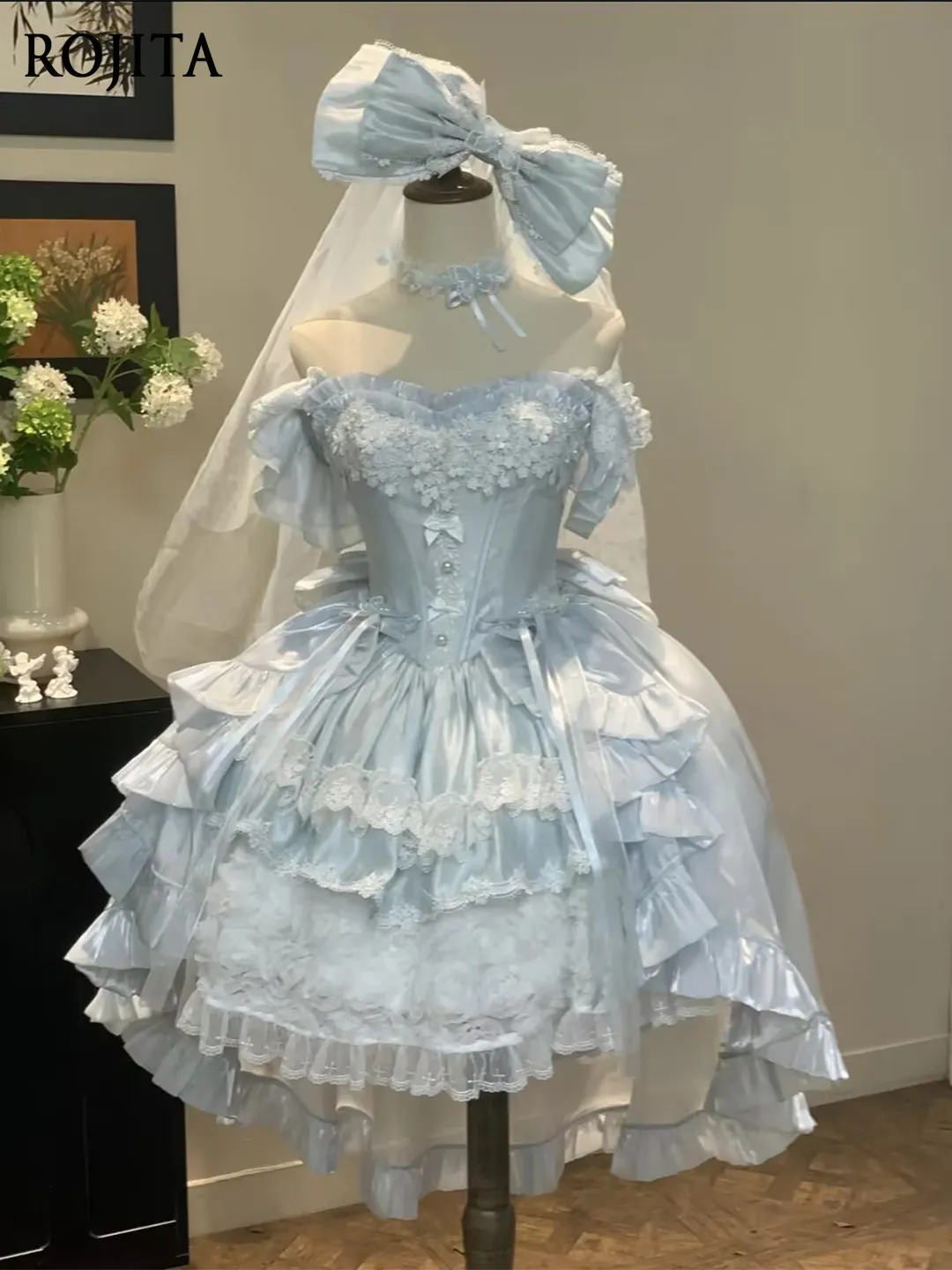 

Light Blue Fairycore Lolita Wedding Dress Lace Ruffle Ball Gown Evening Dress Temperament Bar Mitzvah Party Princess Dress