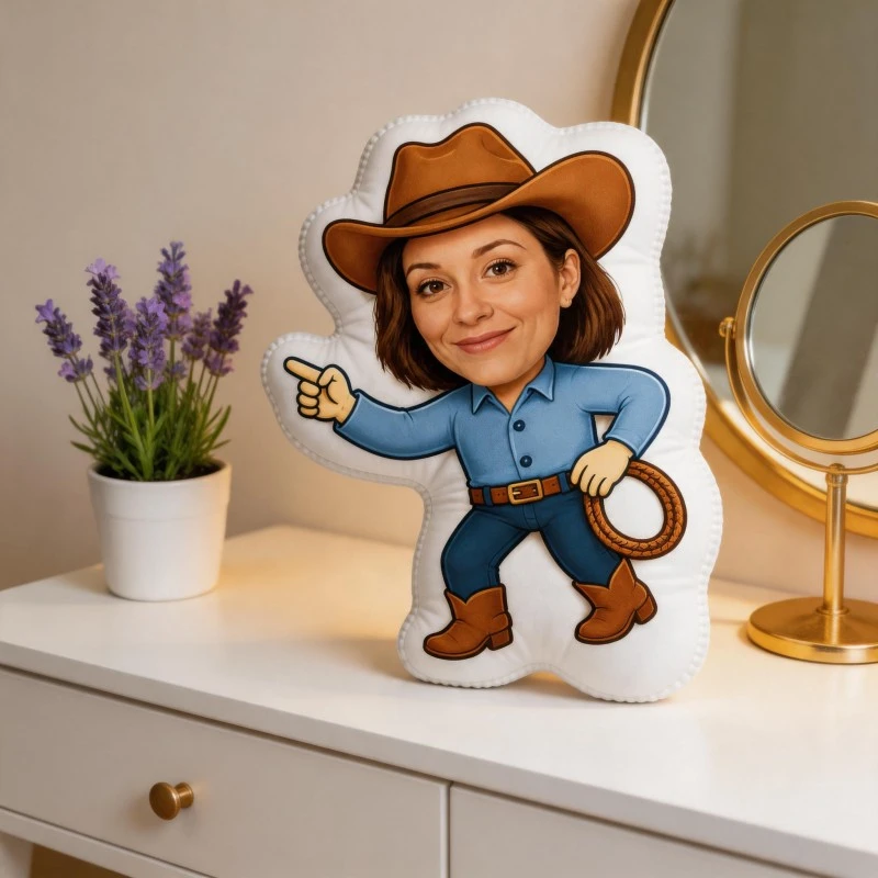Custom Personalized Photo Cowboy Style Shaped Pillow, Blue Shirt & Hat Custom Face Decorative Cushion, Unique Home Decor Accent