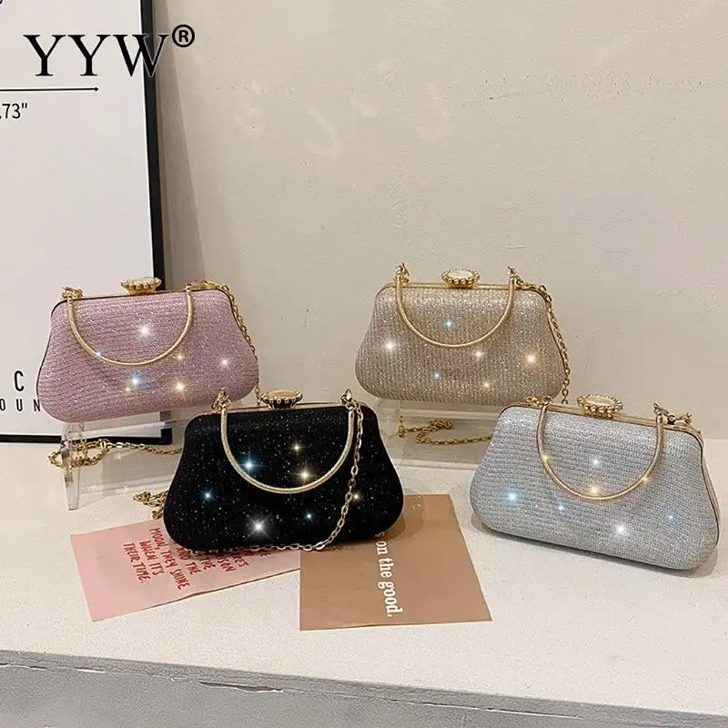 Elegant Metal Top Handle Women Clutch Handbag Bling Glitter Diamond Matte PC Evening Messenger Purse Lady Crossbody Shoulder Bag