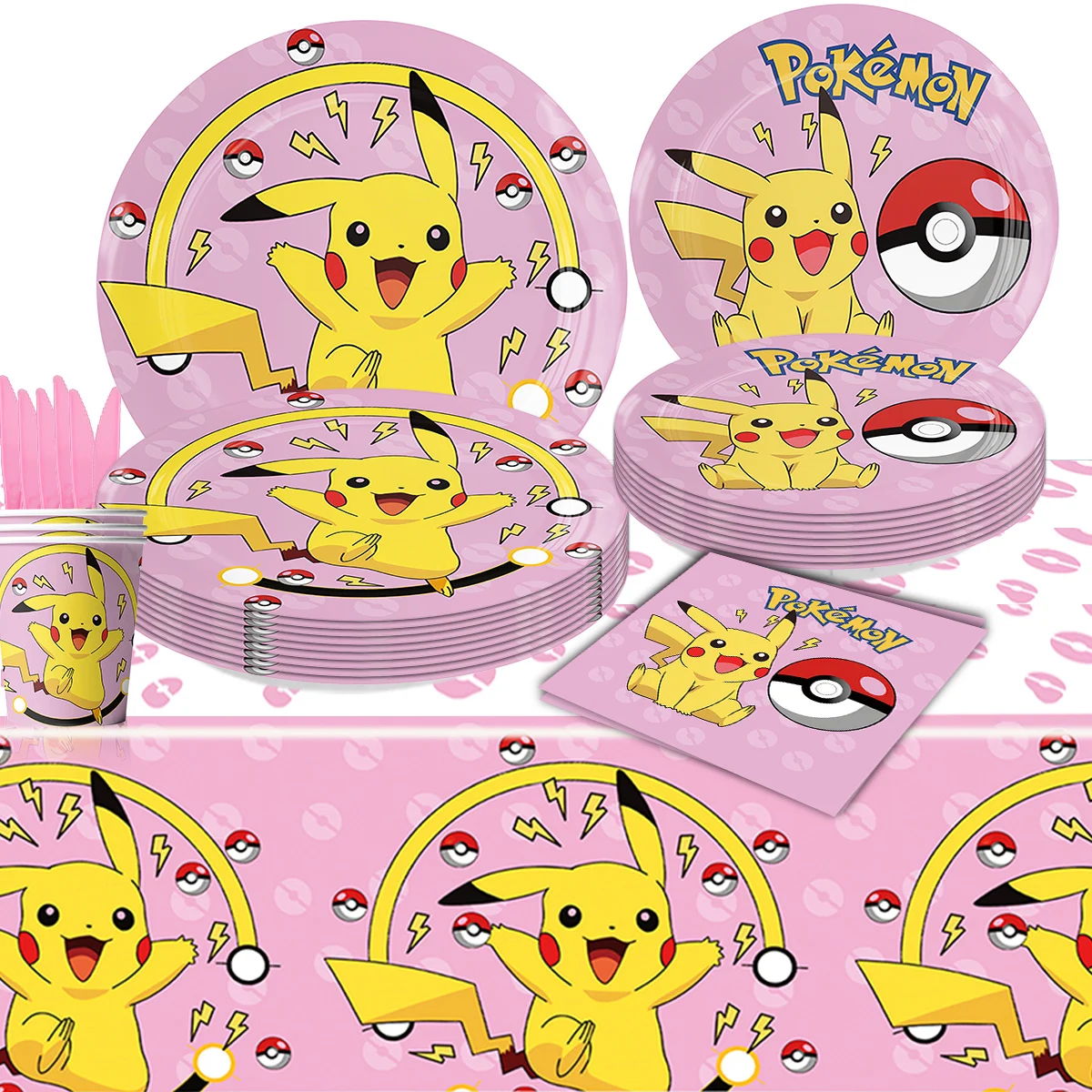 MINISO Pink Pokemon Theme Atmosphere arrangement Scene decoration Party disposable Tableware Paper Plates Decorative Supplies