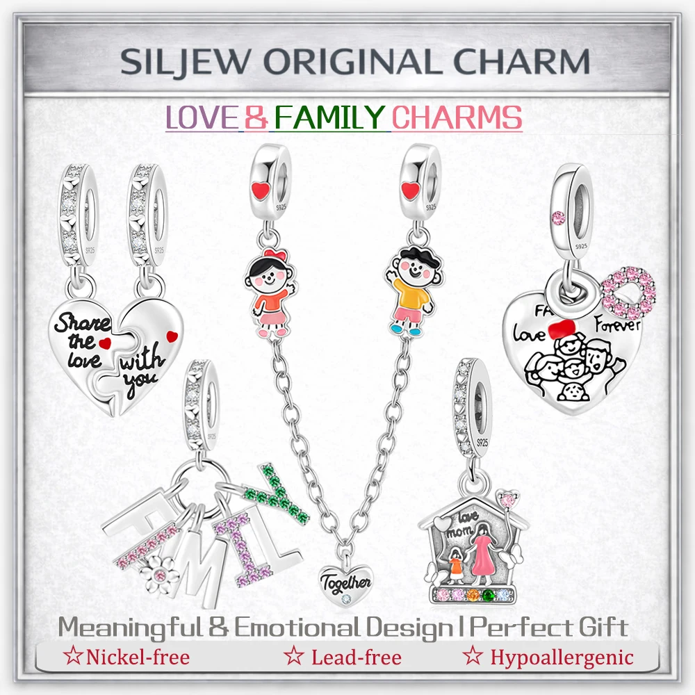 

SilJew Love Family Charm 925 Silver Couple Heart Together Family Infinity House Dangle Beads Fit Bracelet Jewelry Gift for Women