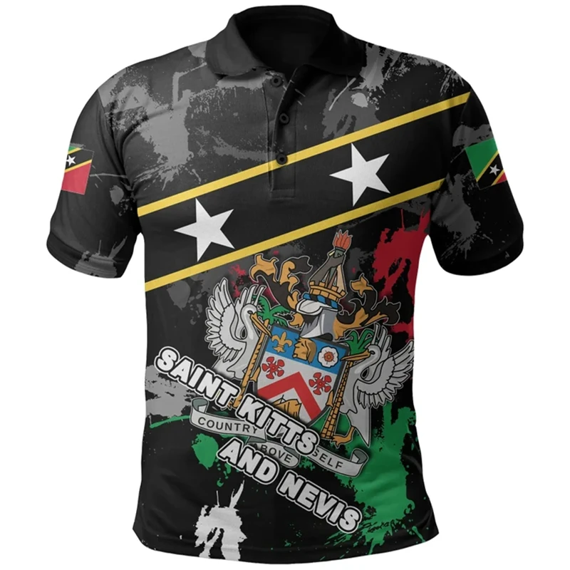 Men's Saint Kitts and Nevis Flag Polo Shirts Summer 3d Print T Shirt Casual Short Sleeve Tops Daily Casual Lapel Oversized Tees