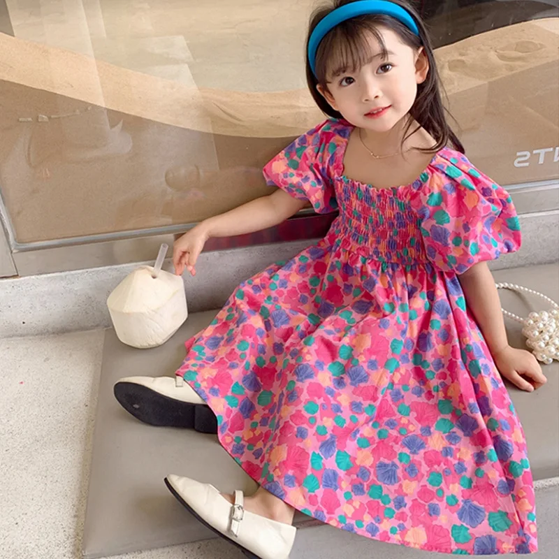 Summer Casual Baby Girls Cotton Sweet Pleat Puff Sleeves Floral Printing Lace Up Back Dress Kids Lovely Outfit Clothing 2-8Years
