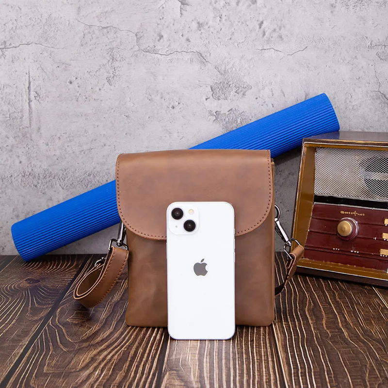 Casual Men's Shoulder Crossbody Bags Fanny Pack Soft Leather Small Dual Layer Messenger Shoulder Satchel Phone Waist Belt Bag