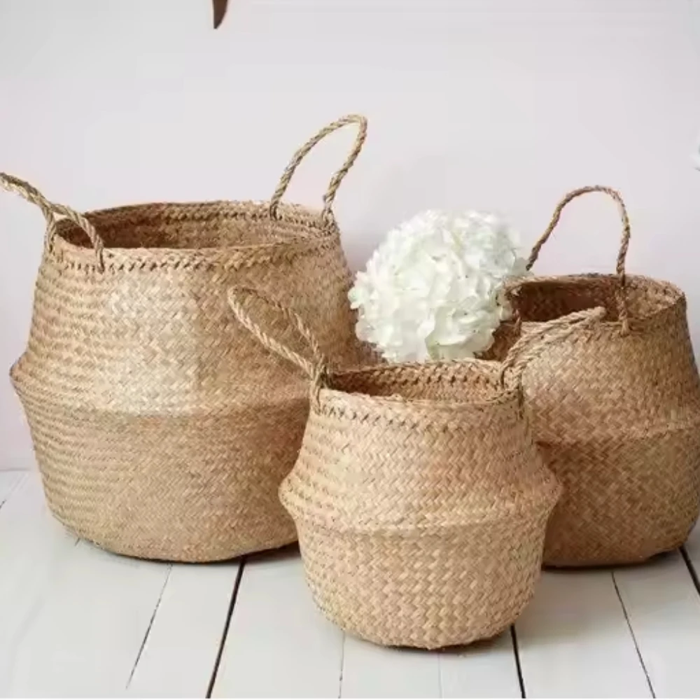 

Rattan Wicker Basket Toy Organizer Laundry Storage Basket Foldable Plant Pot Container Handmade Seagrass for Home Decor Use