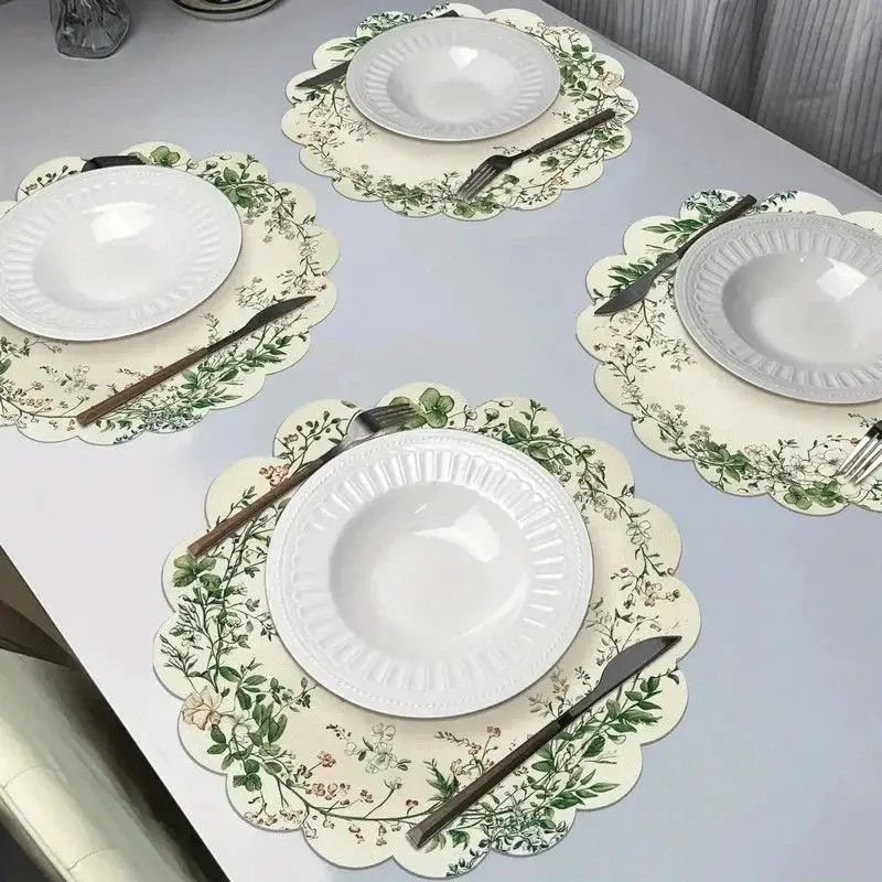 VIKAMA White Jasmine Green Leaf Wreath Scalloped Round Placemats Vintage Floral Washable Cottage Farmhouse Kitchen Table Mat view 3