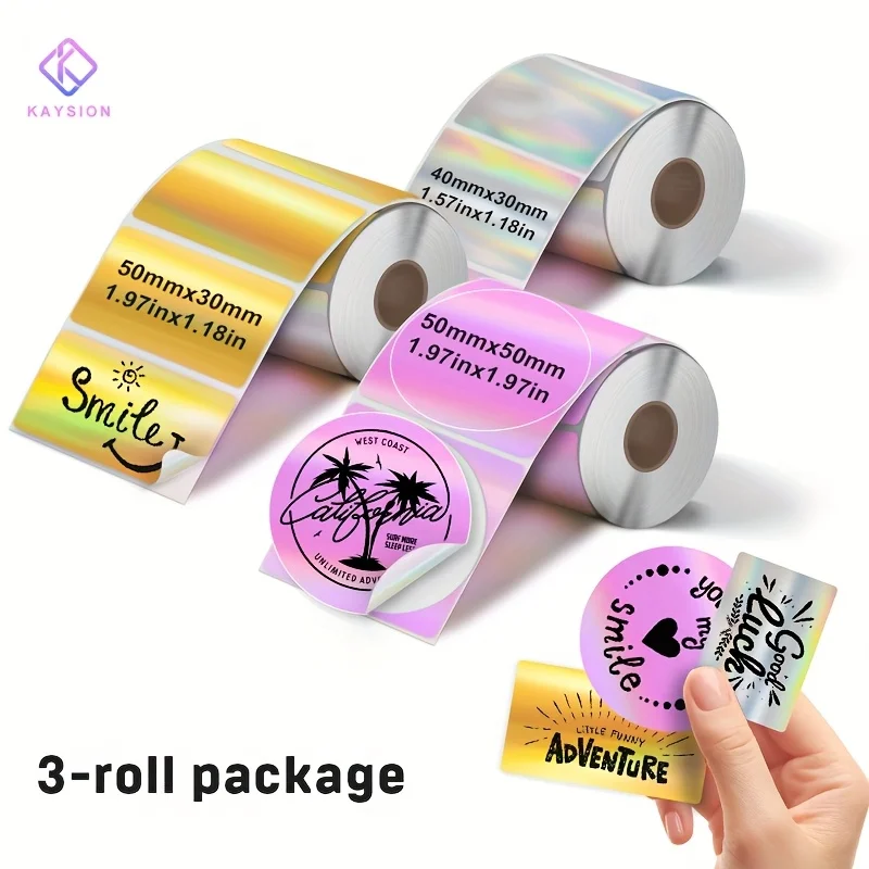 KAYSION 3 rolls of Holographic Thermal Stickers in Different Colors, compatible with SK35/SK45/M110/M221/M220/P50 Printer