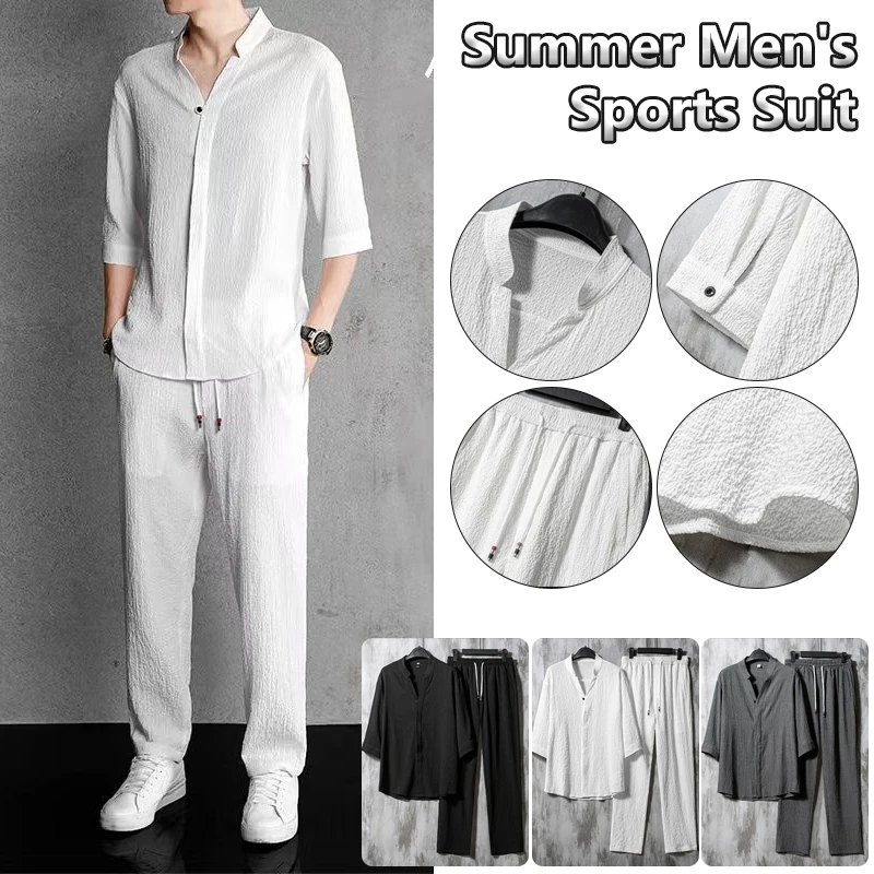 Men Outfit Set Ultrathin Ice Summer Breathable Shirts Long Pant Suits Solid Color Casual Loose Cotton Linen Two Piece Set