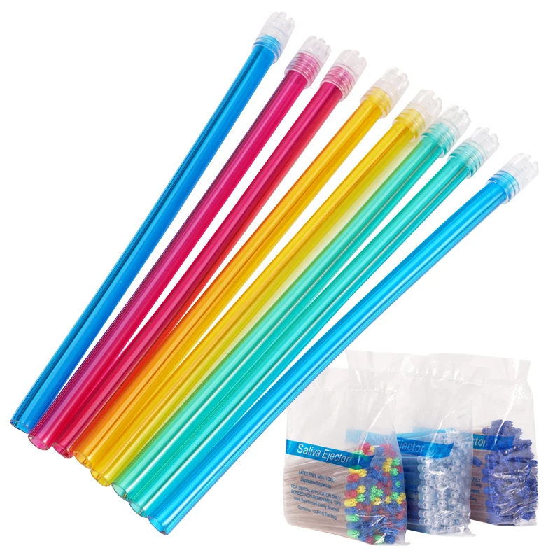 100Pcs Dental Saliva Ejector Disposable Suction Tip Flexible Evacuation Pipe Clear Tip With Colorful Tube Dentistry Materials