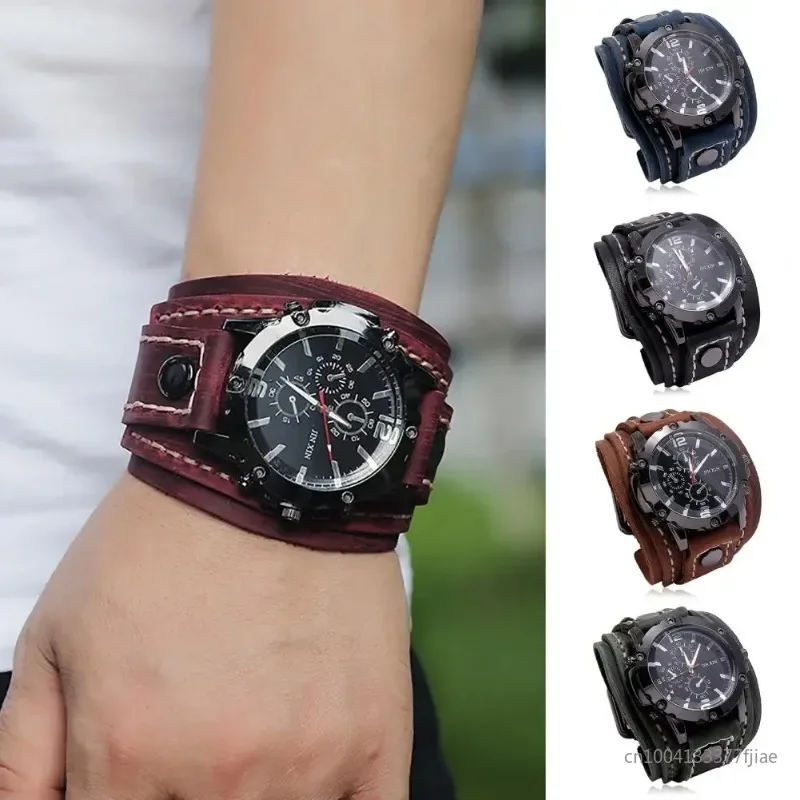 Retro Mens Quartz Watch Round Dial Precise  Adjustable Cool Birthday Gift Universal Handmade Sewing Faux Leather Strap Watch