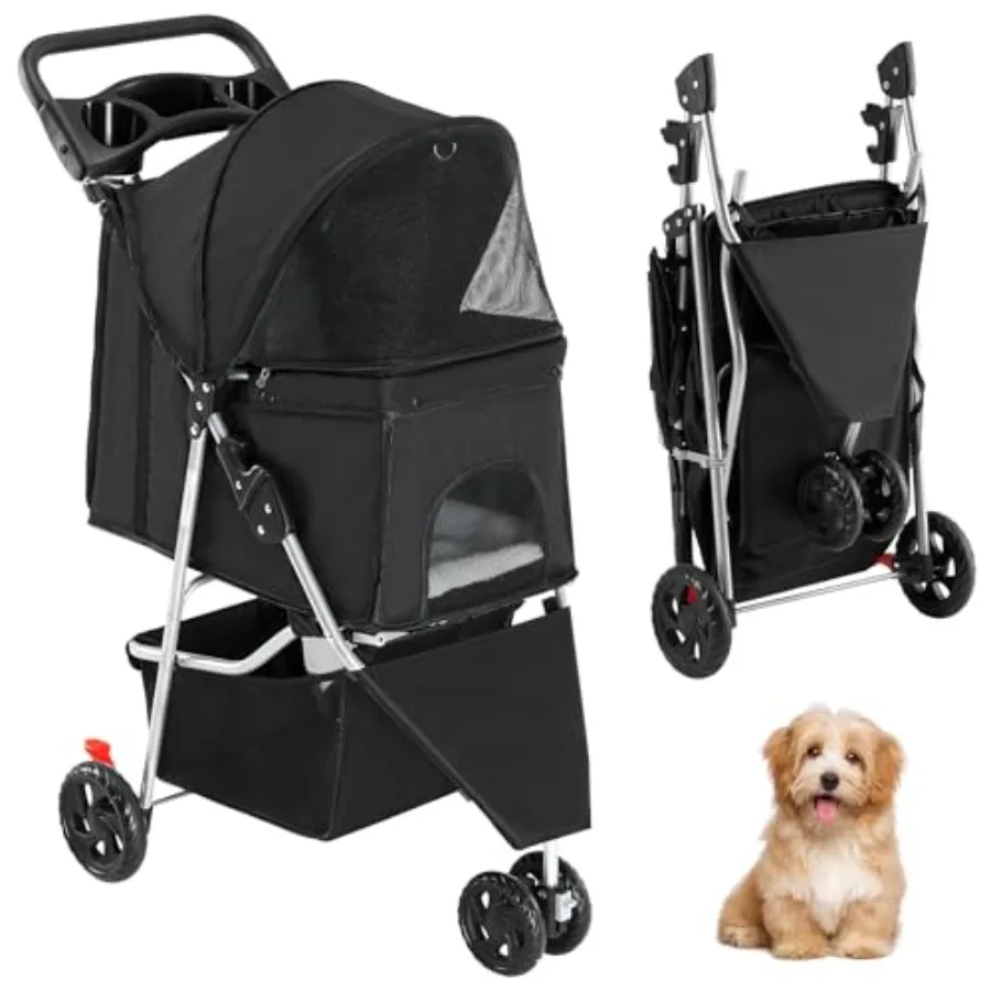 

Pet stroller for dogs and cats: foldable, lightweight, durable 3-wheel design in black, ideal for small to medium pets with sto