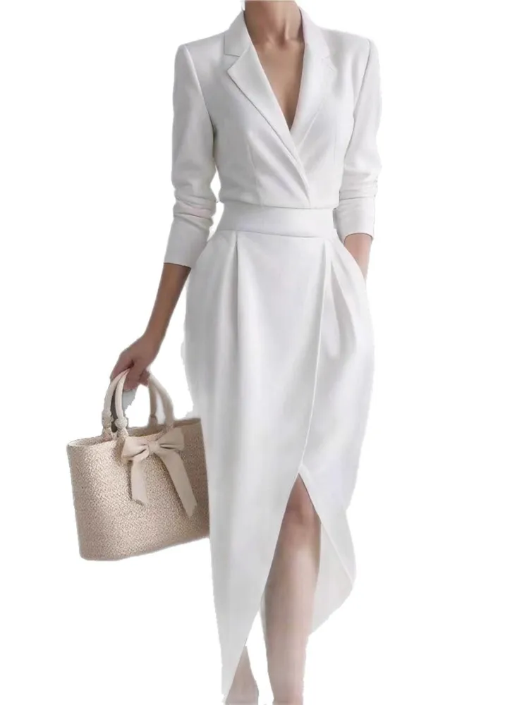 Solid Color Sexy V-neck Autumn Winter New Item Lapel Long Sleeved Commuting Office Fashionable Irregular Dress For Women